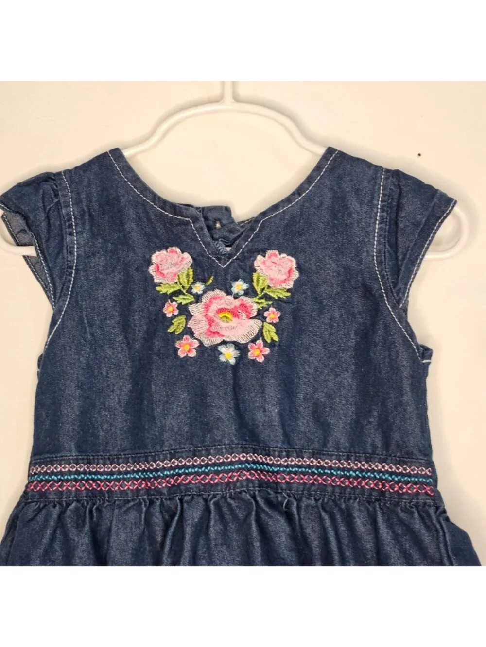 Denim Tiered Dress With Floral Embroidery & Button Closure - Toddler Girls